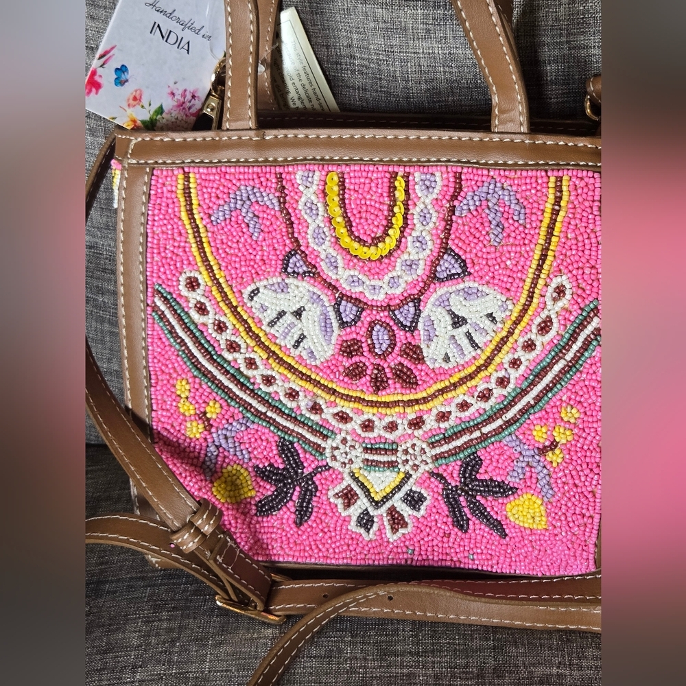 Viral Handmade Pink Beaded Tote Bag Crossbody Purse With Leather Straps NWT - Picture 3 of 11